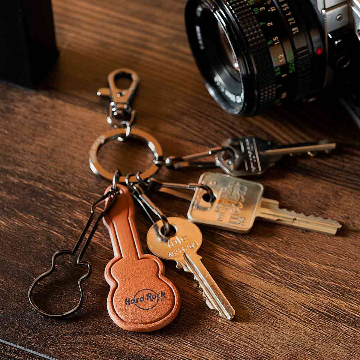 Vegan Leather Guitar Keychain with Hard Rock Logo Charms image number 2