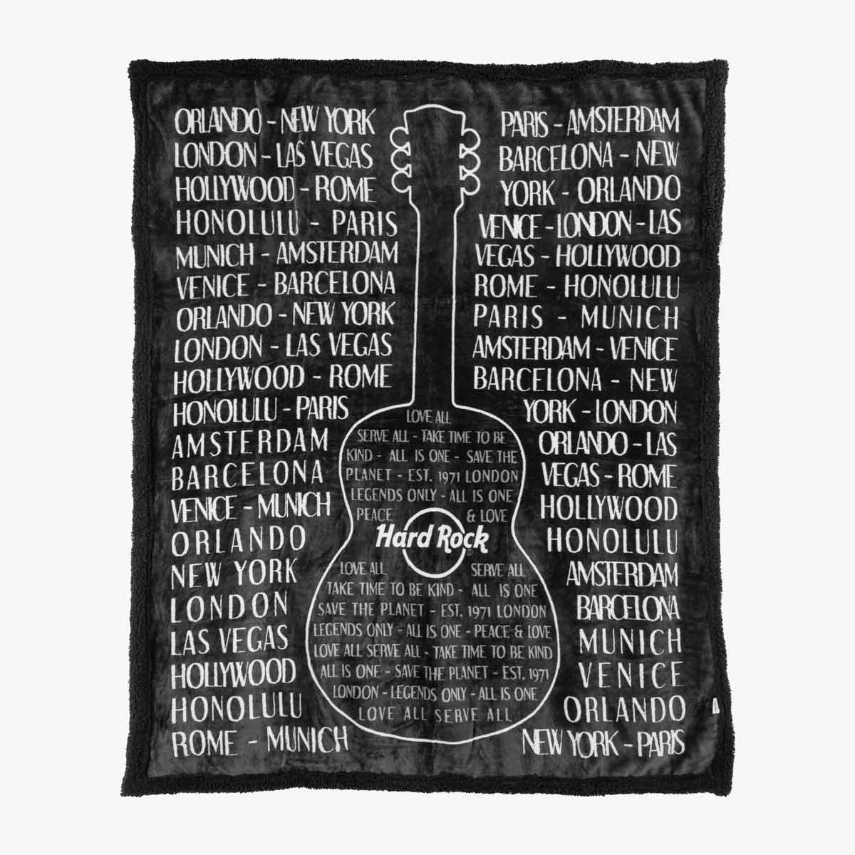 Hard Rock Plush Blanket in Black and White Guitar Cities Print image number 1